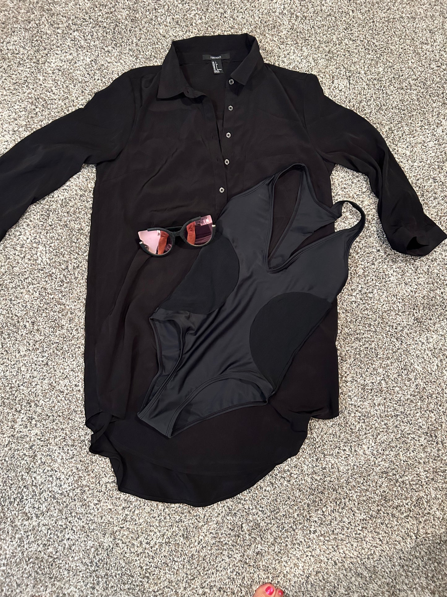 SoNoire Black One Piece with Black Cover-Up Shirt and Sunglasses - 3 Pieces